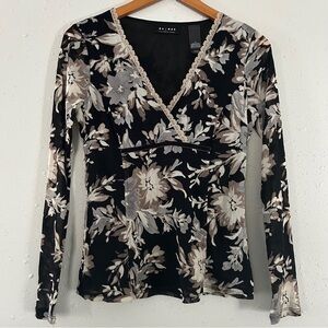 🦋 Axcess by Liz Claiborne Black Cream Floral Sheer V-Neck Blouse Y2K Medium